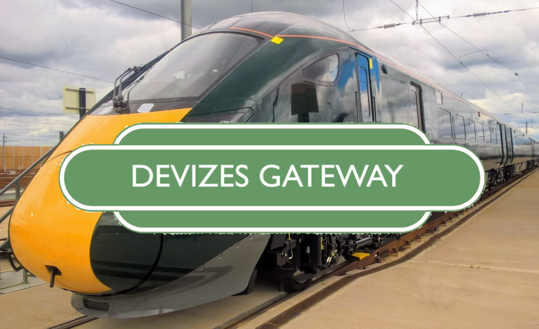 Devizes Gateway sign superimposed over image of train